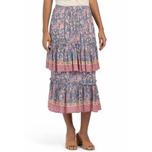 Rachel Zoe Floral Tiered Ruffle Maxi Skirt Blue multi Size Large NWT